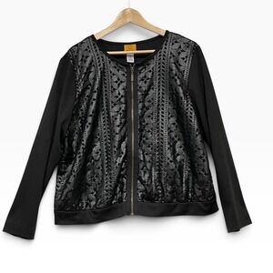 Ruby Rd Womens Black Laser Cut Faux Leather Zip Front Jacket Size 16